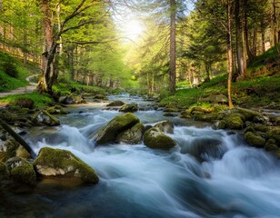 spring forest nature landscape beautiful spring stream river rocks in mountain forest