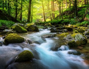 Obraz premium spring forest nature landscape beautiful spring stream river rocks in mountain forest