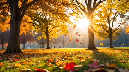 Capture The Warmth And Beauty Of An Autumn Park Bathed In Golden Sunset Light, With Vibrant Fall Leaves