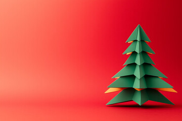 Minimal origami style folded paper christmas tree on red background. Greeting card concept.