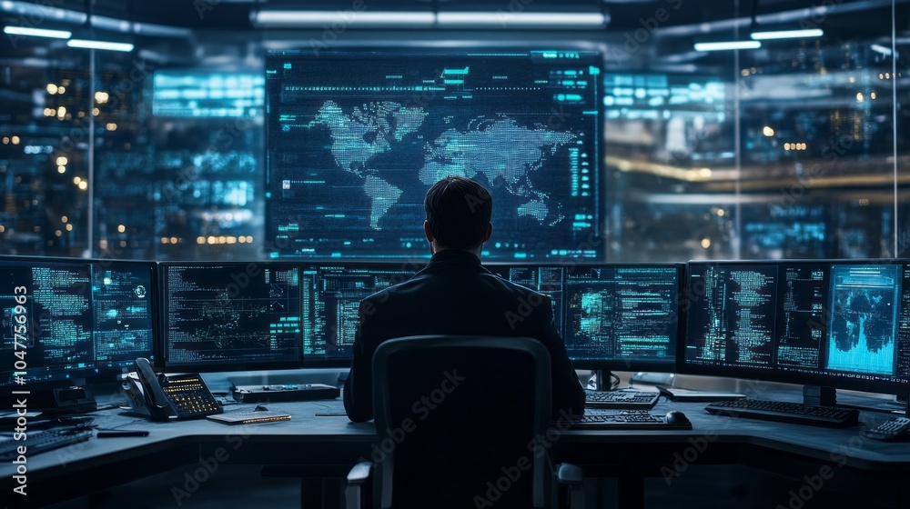 Poster A man is sitting in front of a computer monitor with a map of the world on it