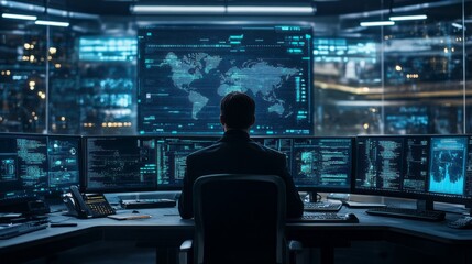 A man is sitting in front of a computer monitor with a map of the world on it