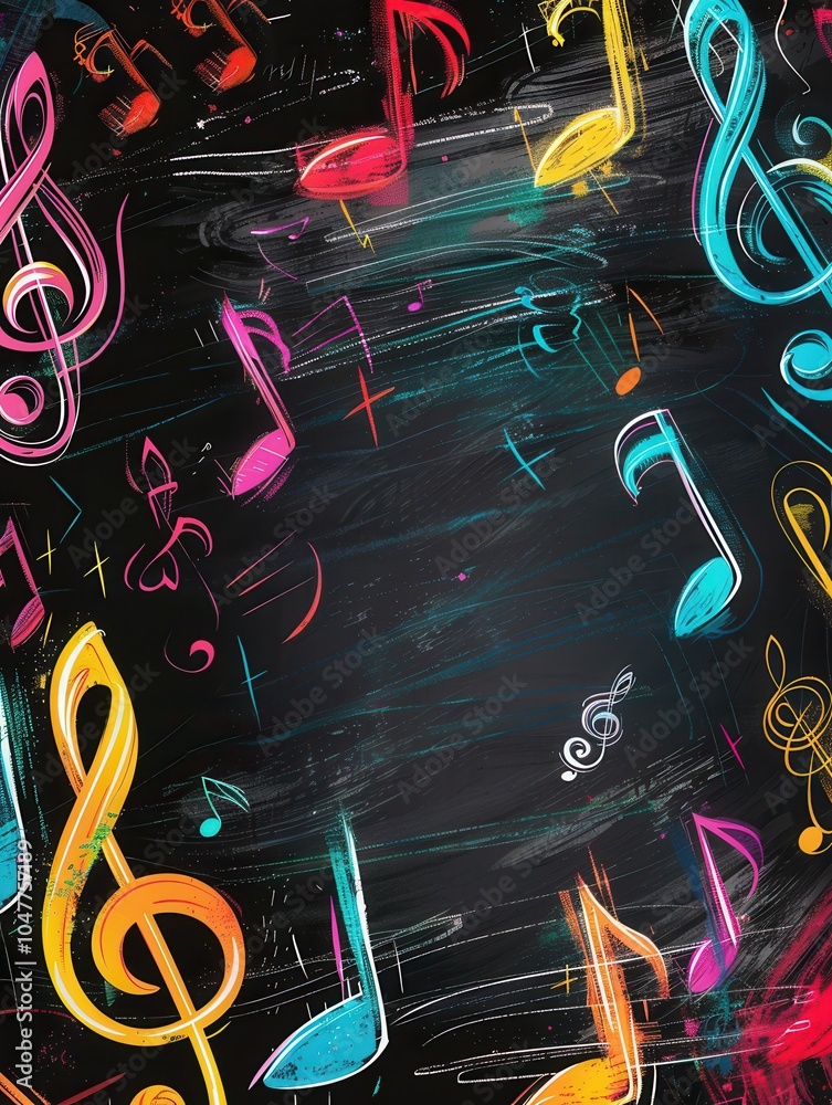 Fototapete a vibrant chalkboard showcases an array of colorful brushstrokes intertwined with musical notes, spa