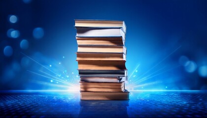 tall stack of books on shiny surface with abstract blue light