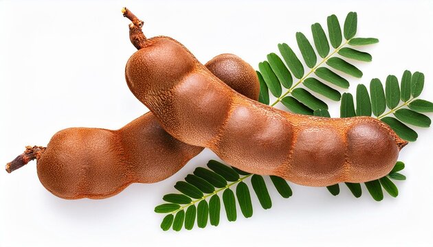 tamarind fruit isolated on white background tamarind tropical pods with leaves rotating fresh tamarind pods with leaves tamarindus indica indian date healthy vegan food close up from above
