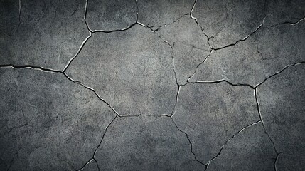 Obraz premium Cracked concrete surface exhibiting weathered texture and intricate patterns in muted gray tones, perfect for backgrounds or design elements