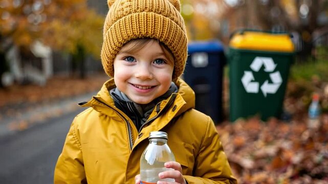 A cheerful young boy in a cozy attire stands outdoors, holding a water bottle. Fall leaves surround him as recycling bins are visible in the background, adding to the vibrant autumn atmosphere.