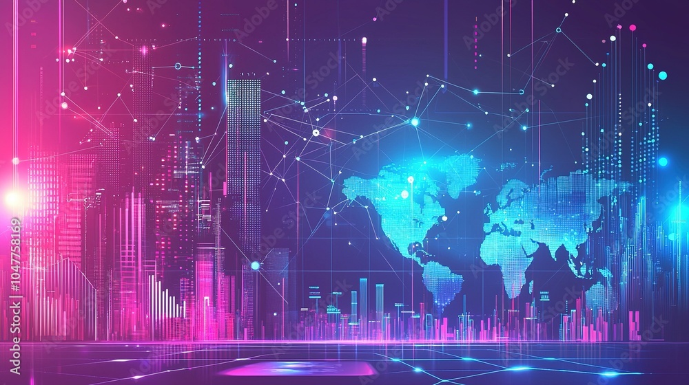 Poster vibrant digital cityscape with a global map and colorful data visualizations in a futuristic setting