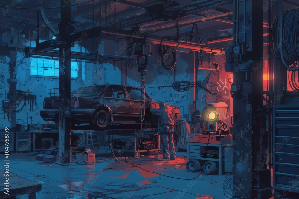 Aufkleber A mechanic is focused on repairs under a car elevated on a hoist in a dimly lit garage filled with tools and equipment. Generative AI