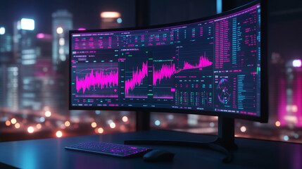 Obraz premium Curved Monitor Displaying Stock Market Data at Night