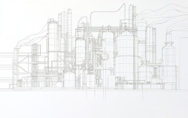 Detailed technical drawing of an industrial facility showcasing complex piping and storage structures in a modern manufacturing setting