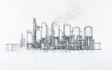 Obraz premium Detailed sketch of an industrial facility with silos, pipes, and smoke rising in the background, showcasing engineering and design