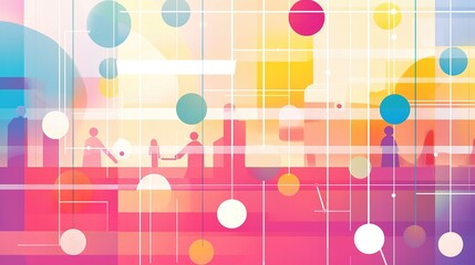 Abstract colorful artwork depicting silhouettes of people engaging in conversation and collaboration in a vibrant urban setting during the day