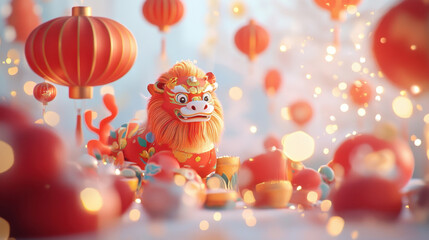 vibrant illustration featuring traditional Chinese lion dance figure surrounded by red lanterns and festive decorations, evoking joyful celebration