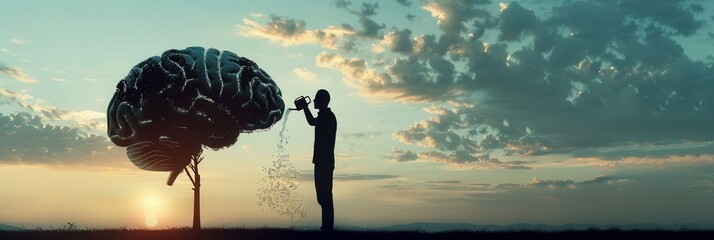 A silhouette of a man watering a tree resembling a brain during sunset, illustrating the nurturing of intellect and education. Generative AI