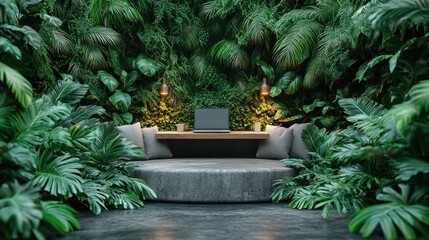 A laptop sits on a desk in a jungle-like setting.