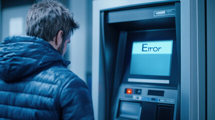 Man facing ATM error message on screen in dimly lit setting, AI