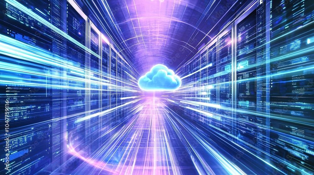 Poster a vibrant digital representation of data flow leading to a cloud storage hub in a futuristic data ce