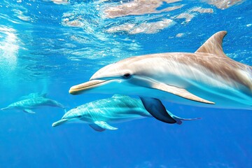 Naklejka premium Dolphins Swimming Gracefully in Clear Ocean Water During a Sunny Day