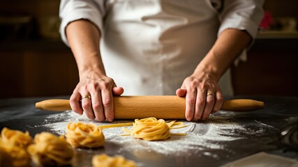 Chef Rolling Fresh Pasta Dough with Wooden Rolling Pin on a Floured Surface
