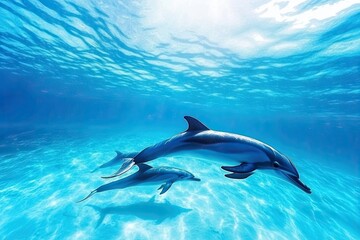 Fototapeta premium Dolphins Swimming Gracefully in Clear Blue Ocean Waters During a Sunny Afternoon