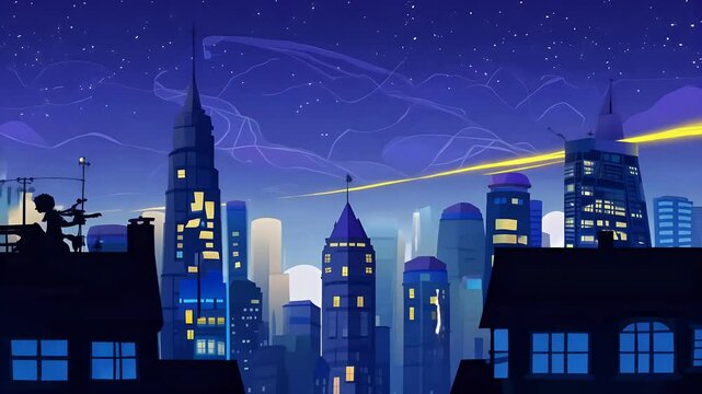 anime urban skyline night featuring characters set tranquil cityscape illuminated glowing skies 4K timelapse sequence city sunset sky landscape building view