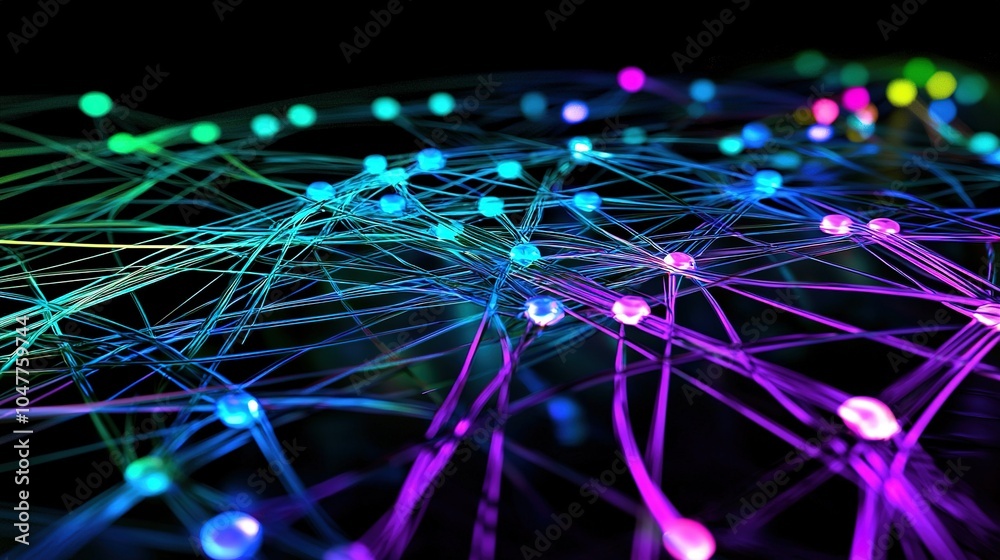Poster abstract digital network with colorful nodes and connections representing technology and data commun