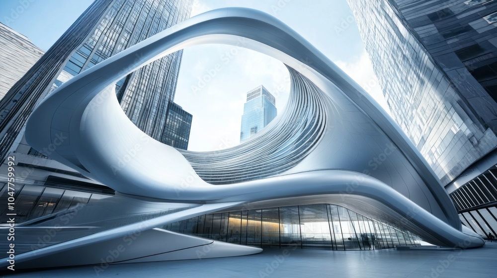 Poster a large building with a curved design and a glass facade