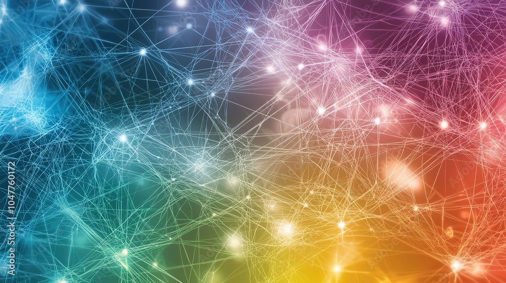 Poster abstract digital artwork showcasing a vibrant network of interconnected lines and glowing nodes in a