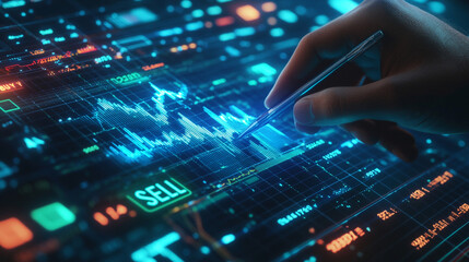 Obraz premium Hand Analyzing Stock Market Data Graph Chart Financial Trading