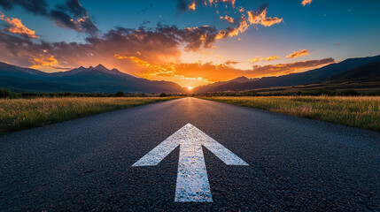 Aspiring Towards the Horizon  Road with Arrow and Dramatic Sunset Mountain Landscape