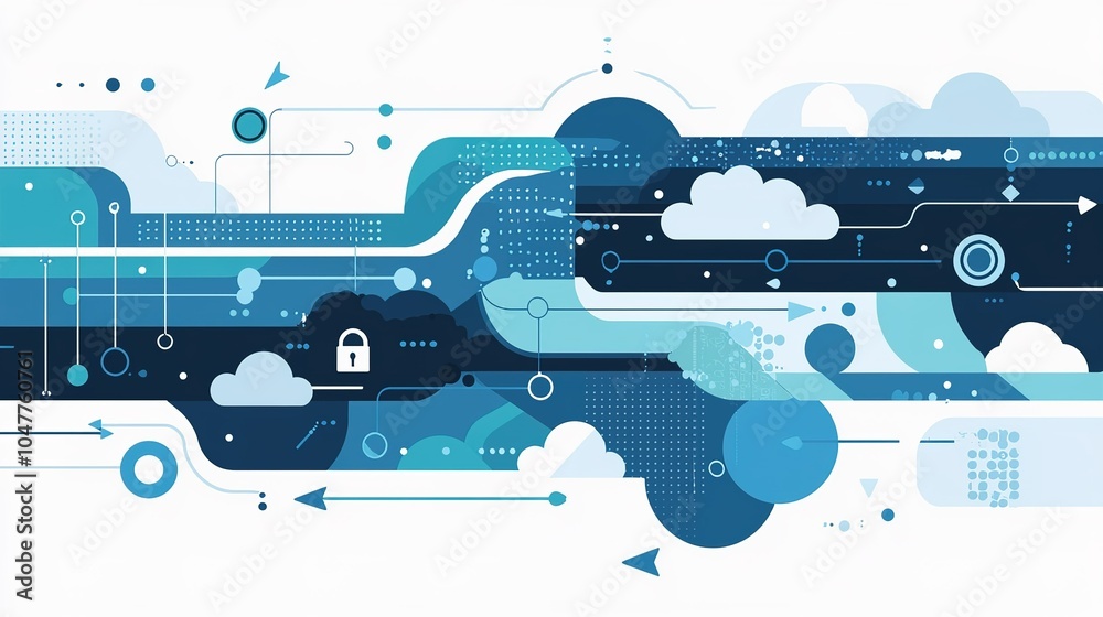 Poster abstract digital art piece depicting cloud computing and cybersecurity concepts with flowing blue an