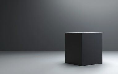 Fototapeta premium A minimalist black cube displayed on a smooth floor against a gray wall in an empty gallery space