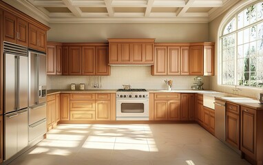 Bright modern kitchen with wooden cabinets and natural light from large windows in a spacious layout