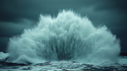 A large wave crashes against a rocky outcrop, creating a spectacular spray of water.