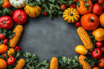 A beautifully arranged Thanksgiving Day table featuring colorful pumpkins, corn, and fall vegetables, perfect for a festive celebration