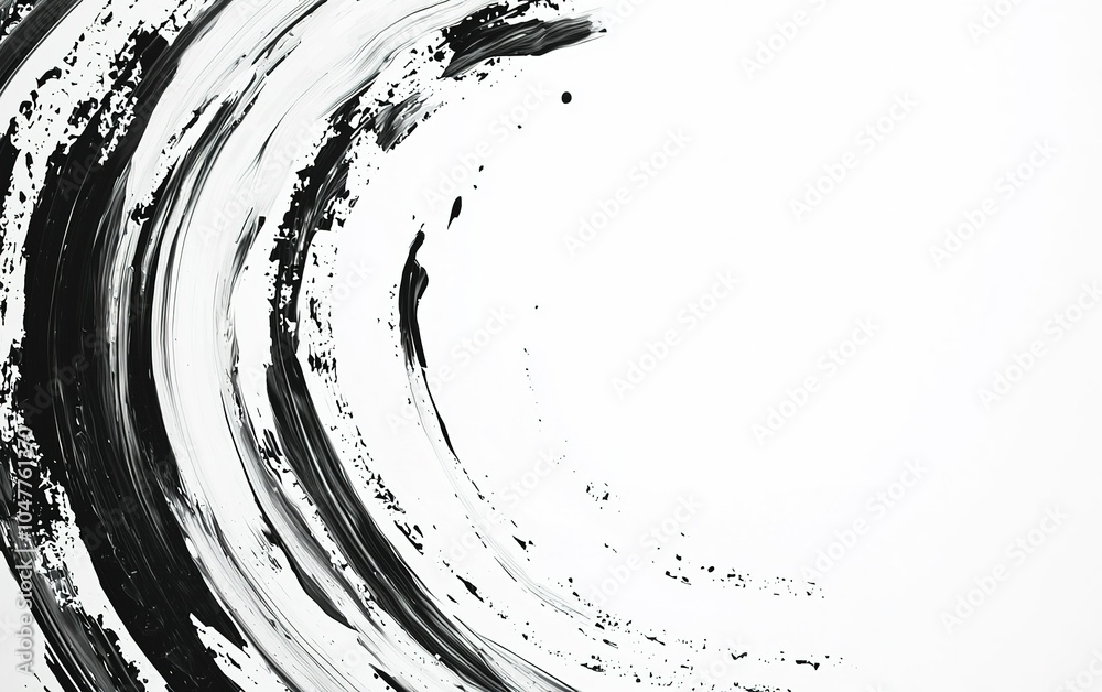 Poster abstract black and white brush strokes create a dynamic circular pattern on a blank canvas emphasizi