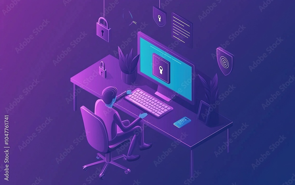 Poster a person working on cybersecurity at a modern desk with a computer and various security icons in a v