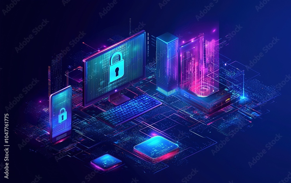Poster secure digital environment featuring devices with lock symbols in a futuristic setting illuminated b