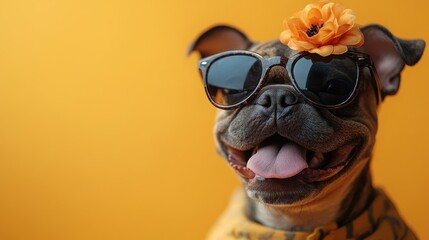 Happy Smiling Dog Wearing Sunglasses and a Flower on Its Head Against a Yellow Background – Space for Text


