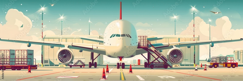 Wall mural A large cargo airplane prepares for departure while being loaded with equipment and supplies at the airport's runway. Generative AI