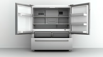 Obraz premium An empty stainless steel refrigerator with its doors open.