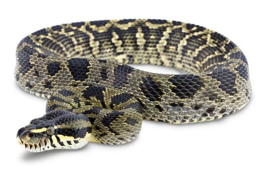 Carpet Python showcases its vibrant and intricate patterns while coiled in a relaxed position against a clean white backdrop highlighting its natural beauty.