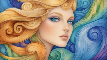 Fototapeta premium Elegant woman with flowing hair in vibrant colors, AI