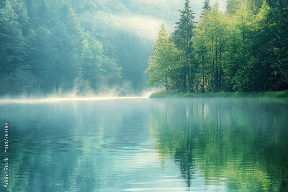 Poster the calm waters of a misty lake mirror the surrounding trees, creating a peaceful atmosphere perfect