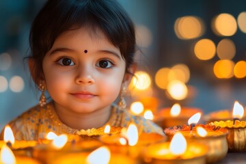 Radiant Celebration: Child Amid Diwali Lights and Diya Glow