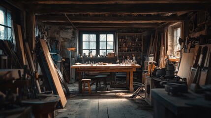 An atmospheric image of an old-world workshop filled with vintage tools, wooden beams, and half-finished projects that exude craftsmanship.