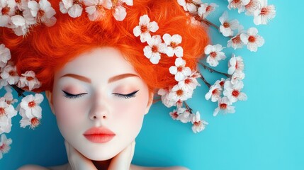 Naklejka premium Woman with vibrant red hair surrounded by delicate white blossoms, AI