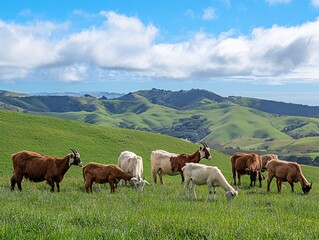 Naklejka premium A group of brown and white goats grazing together on a green pasture
