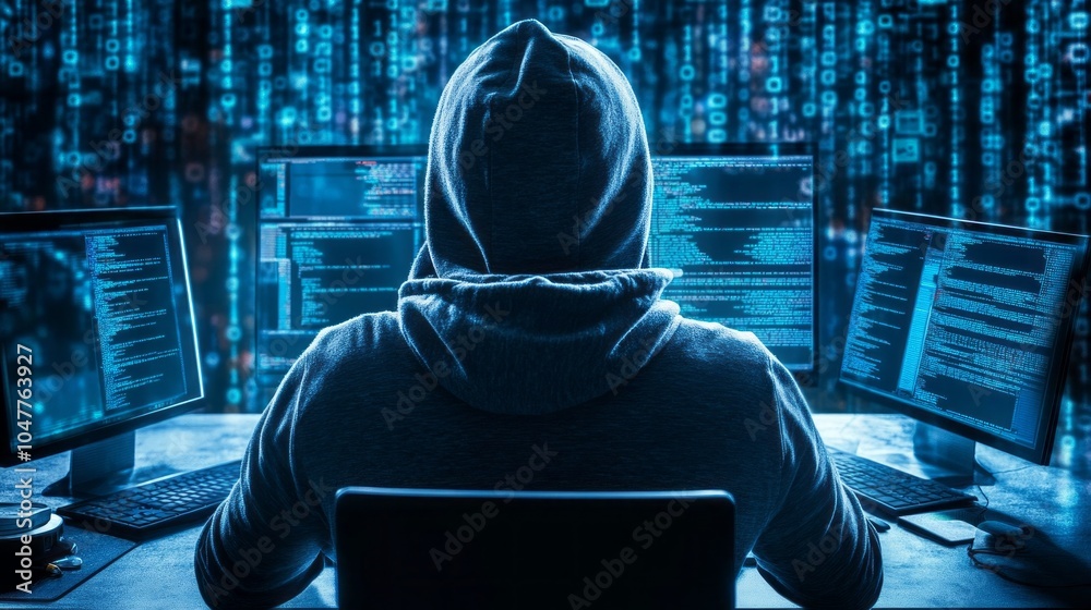 Aufkleber A man in a hoodie is sitting in front of a computer with multiple monitors